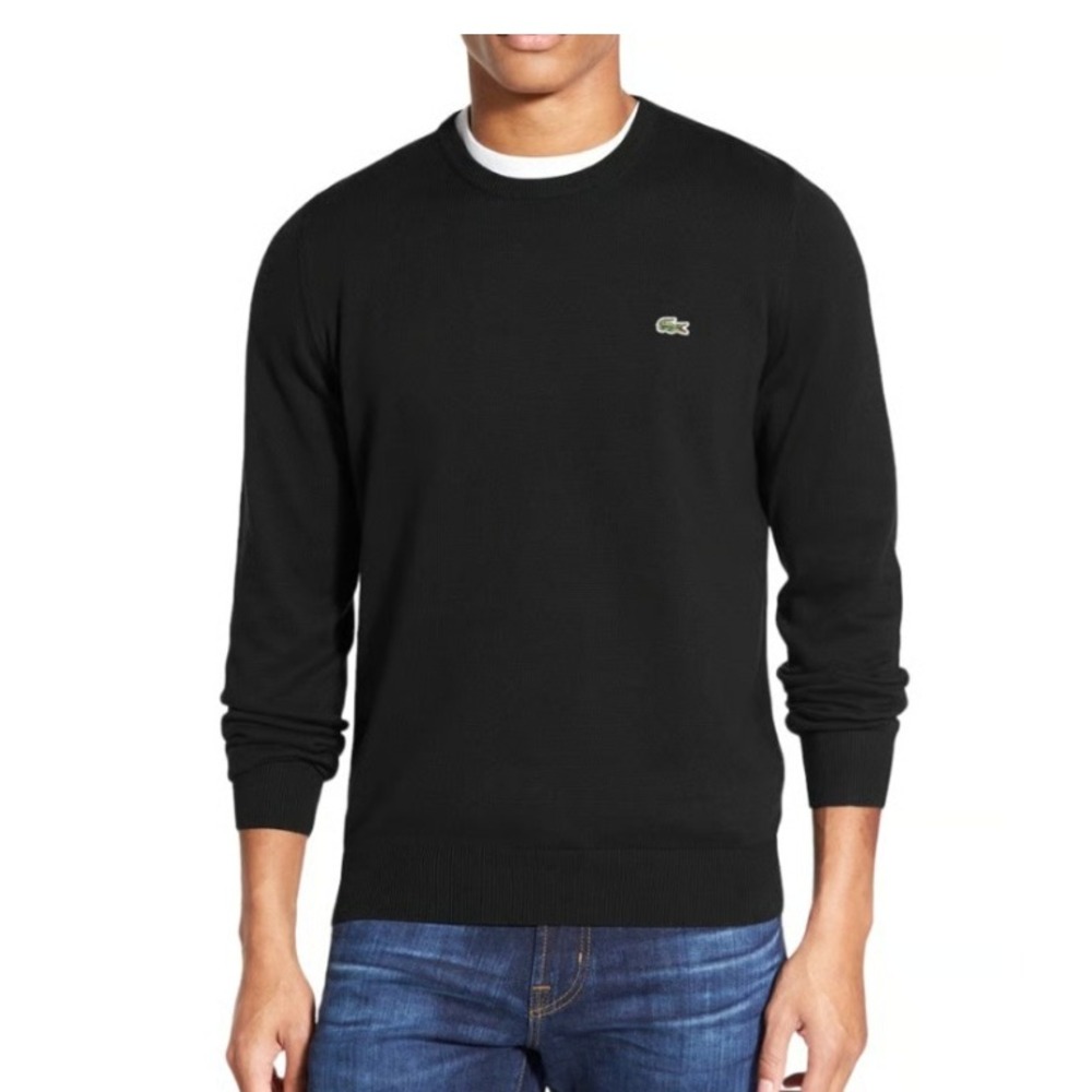 Lacoste Mens 100% Cotton Black Cotton Crewneck Sweater Regular Fit Logo Small